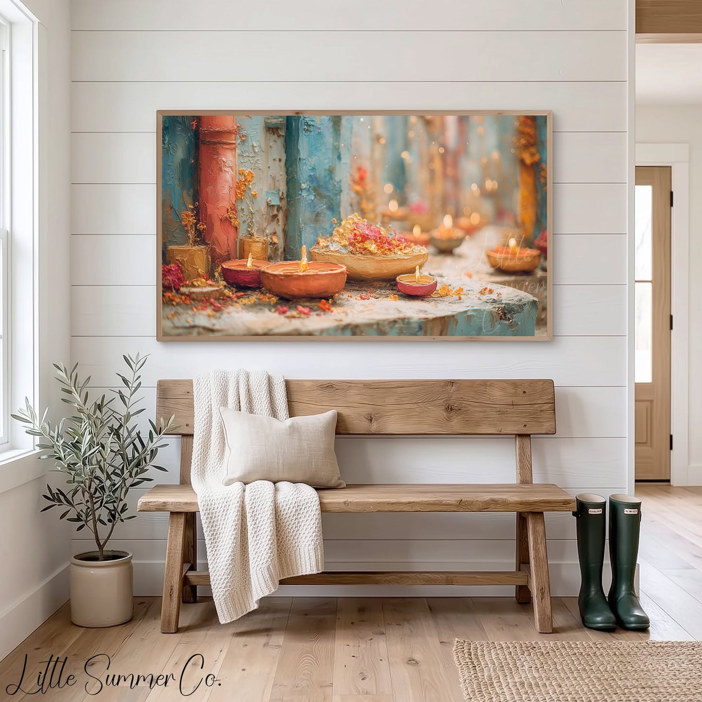 Diwali Diyas Stone Ledge Frame TV Art displayed on a TV