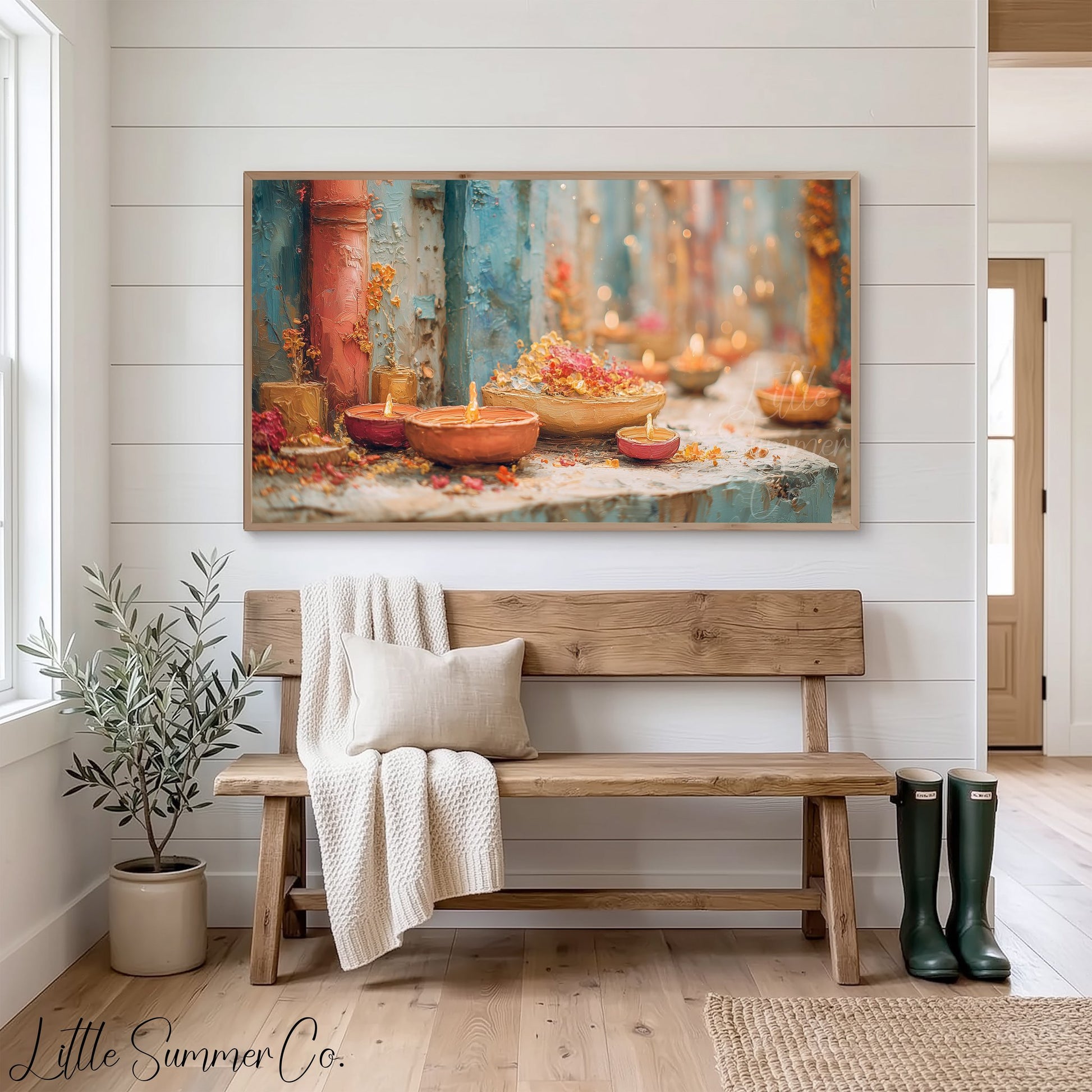 Diwali Diyas Stone Ledge Frame TV Art displayed on a TV