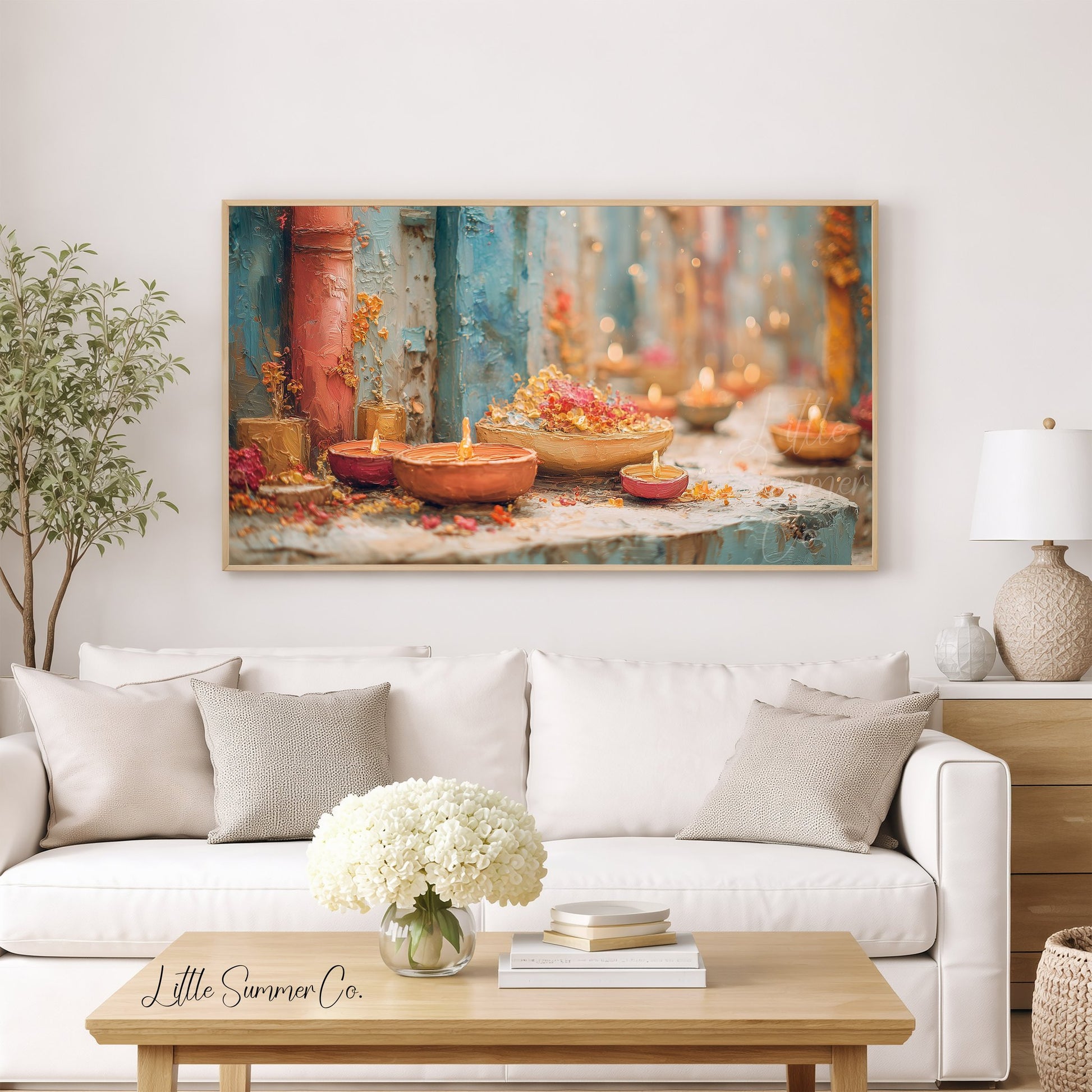 Diwali Diyas Stone Ledge Frame TV Art displayed on a TV