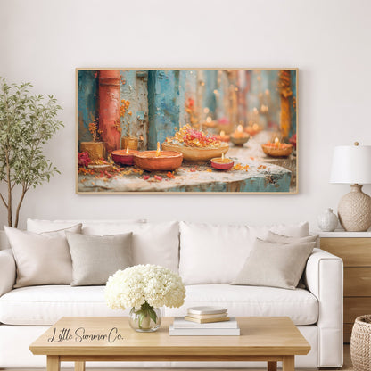 Diwali Diyas Stone Ledge Frame TV Art displayed on a TV