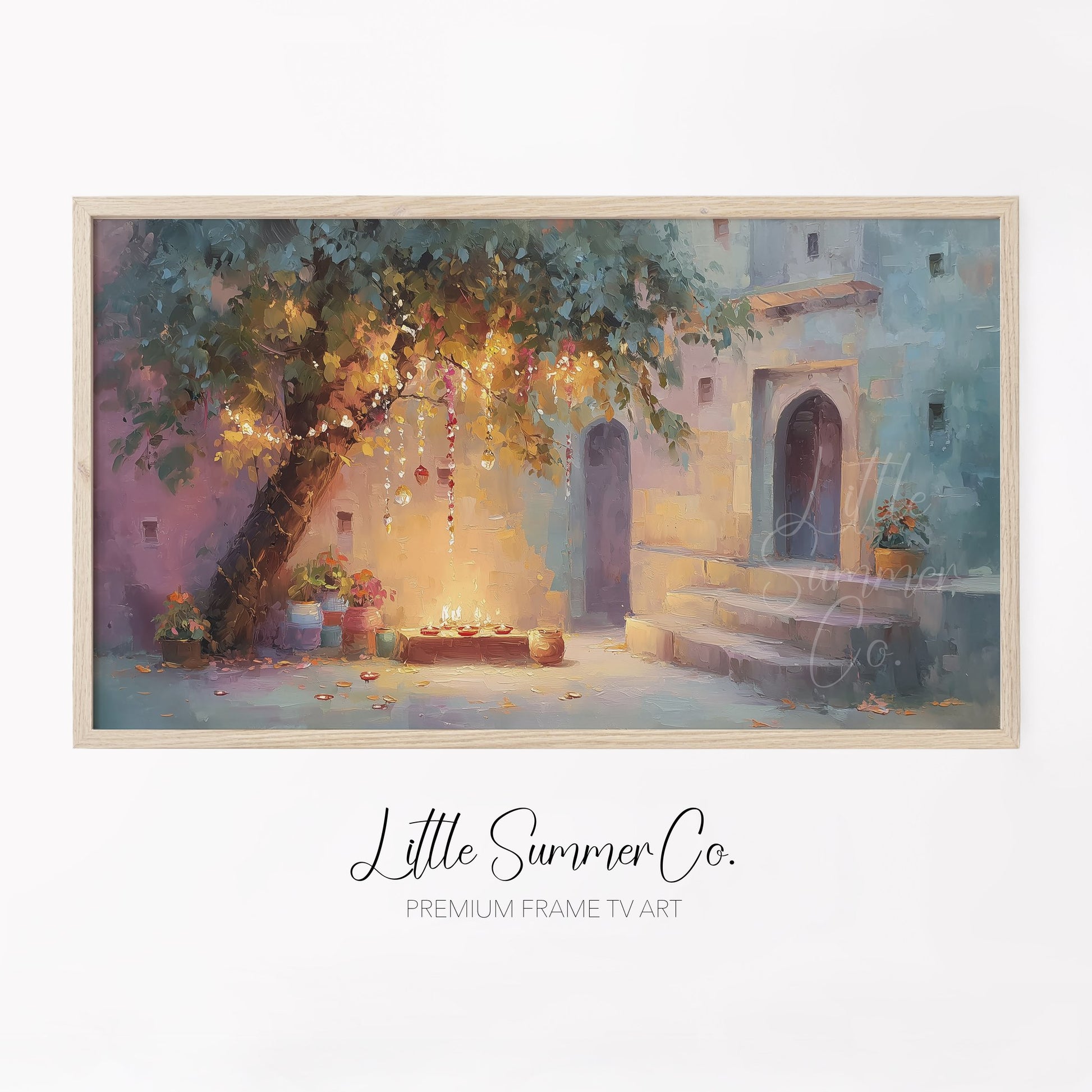 Diwali Courtyard Lantern Tree Frame TV Art displayed on a TV