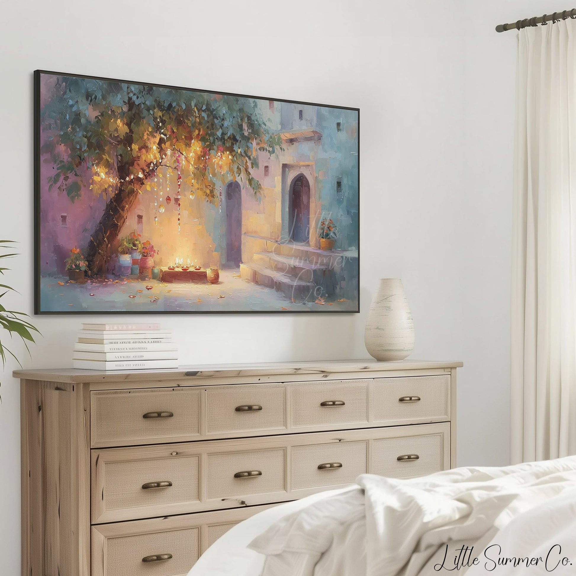 Diwali Courtyard Lantern Tree Frame TV Art displayed on a TV