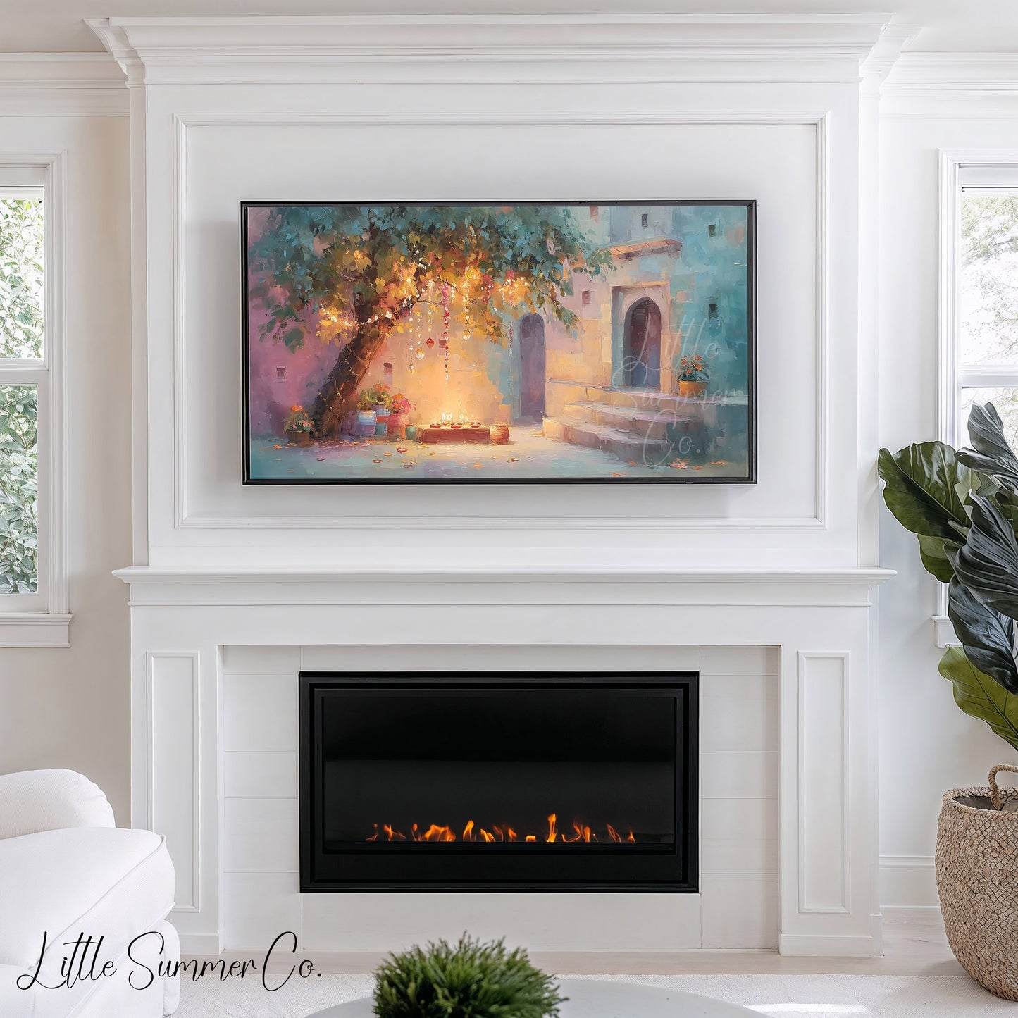 Diwali Courtyard Lantern Tree Frame TV Art displayed on a TV