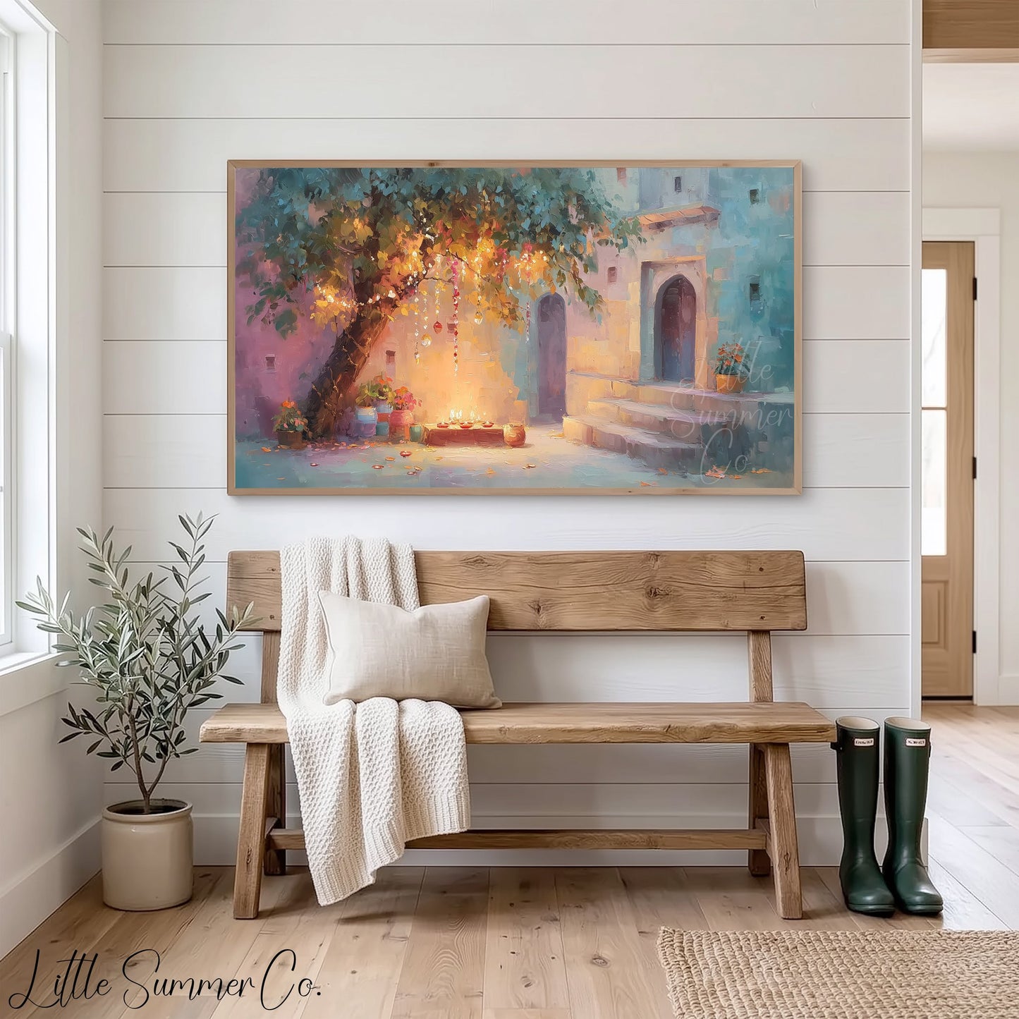 Diwali Courtyard Lantern Tree Frame TV Art displayed on a TV