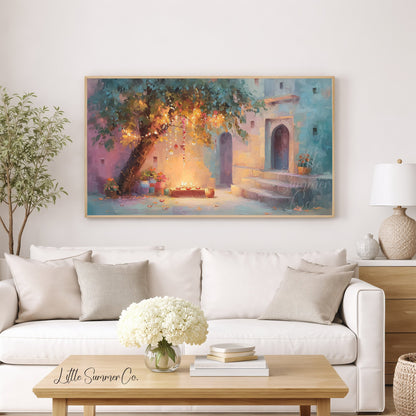 Diwali Courtyard Lantern Tree Frame TV Art displayed on a TV