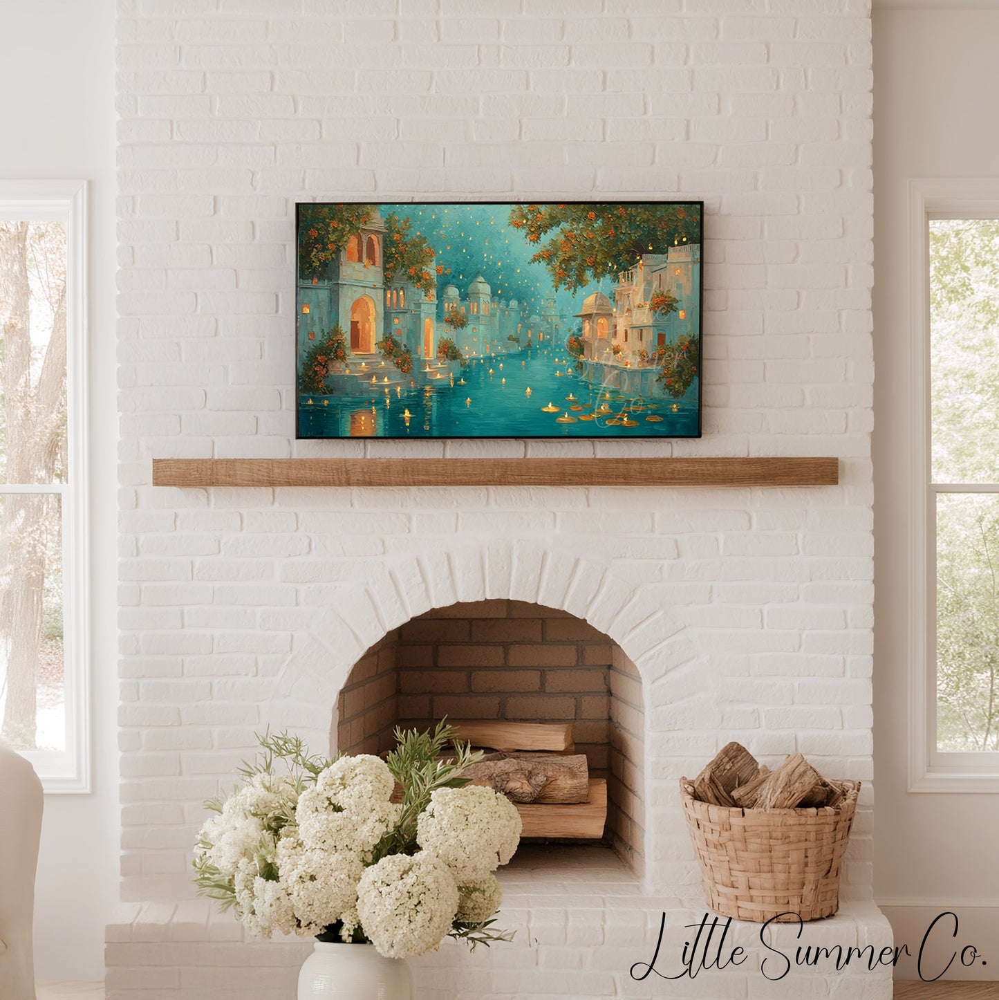 Diwali Floating Candles Canal Frame TV Art displayed on a TV