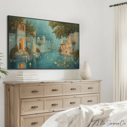 Diwali Floating Candles Canal Frame TV Art displayed on a TV