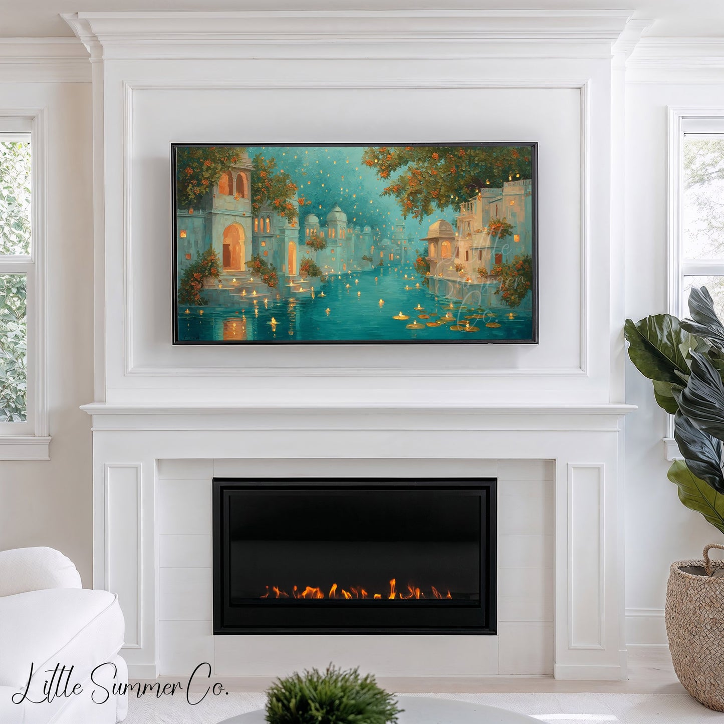 Diwali Floating Candles Canal Frame TV Art displayed on a TV