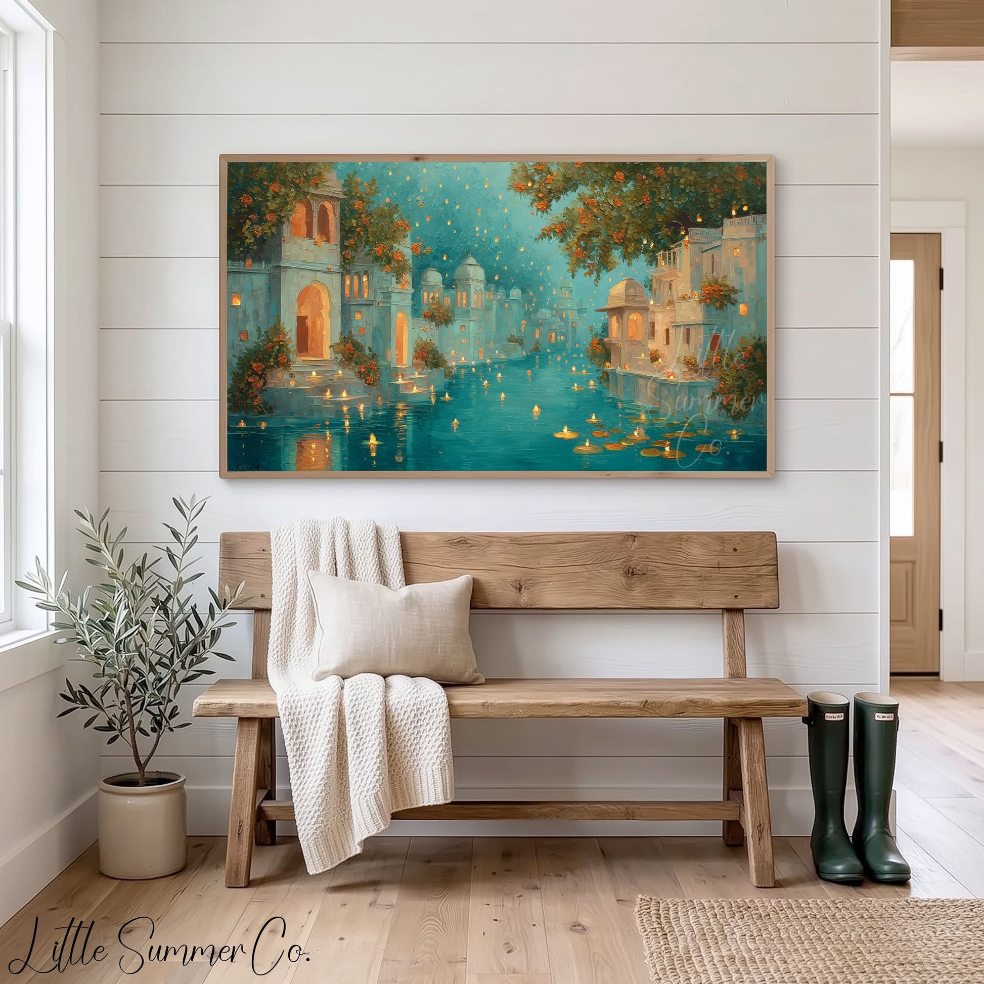 Diwali Floating Candles Canal Frame TV Art displayed on a TV