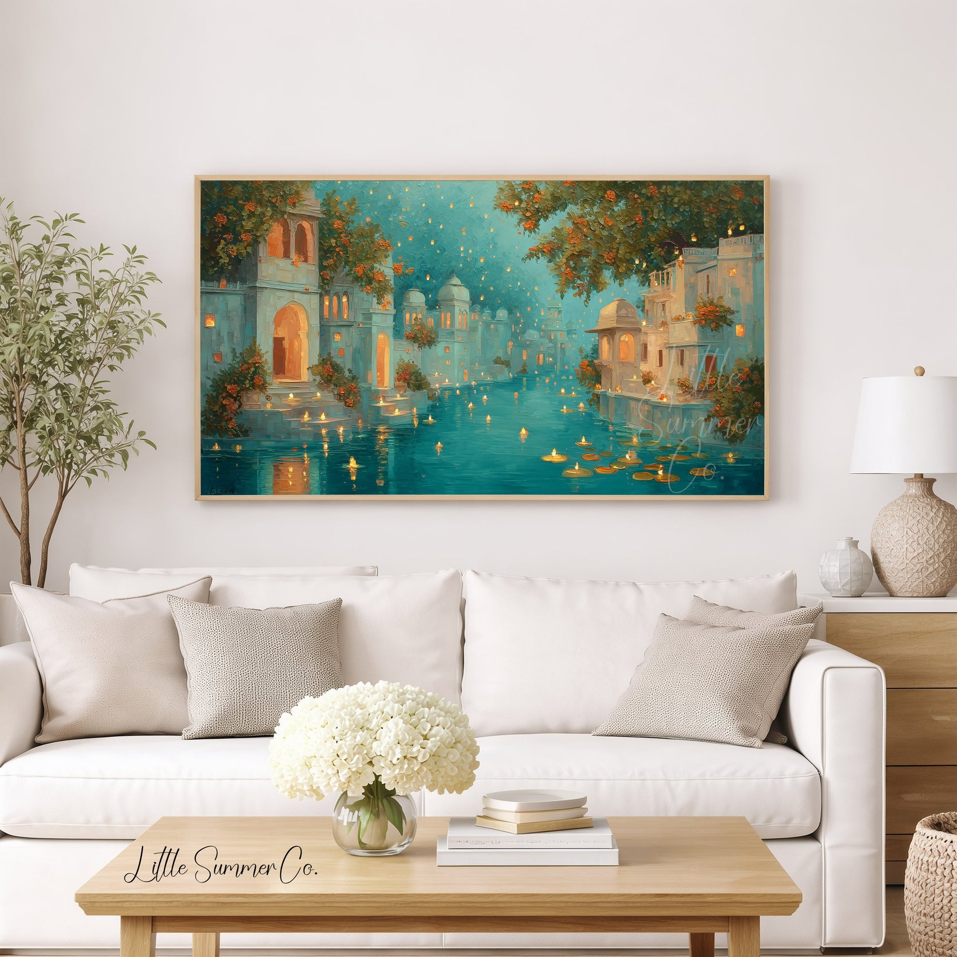 Diwali Floating Candles Canal Frame TV Art displayed on a TV