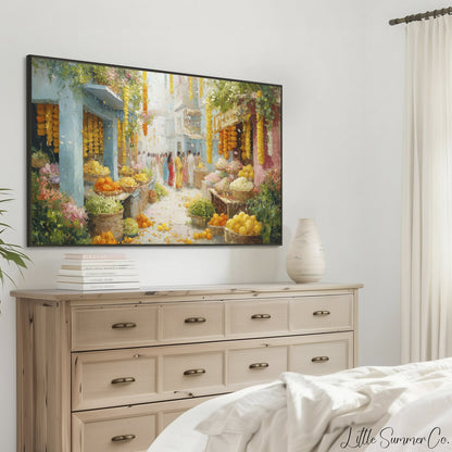 Indian Flower Market Street Frame TV Art displayed on a TV