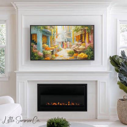 Indian Flower Market Street Frame TV Art displayed on a TV
