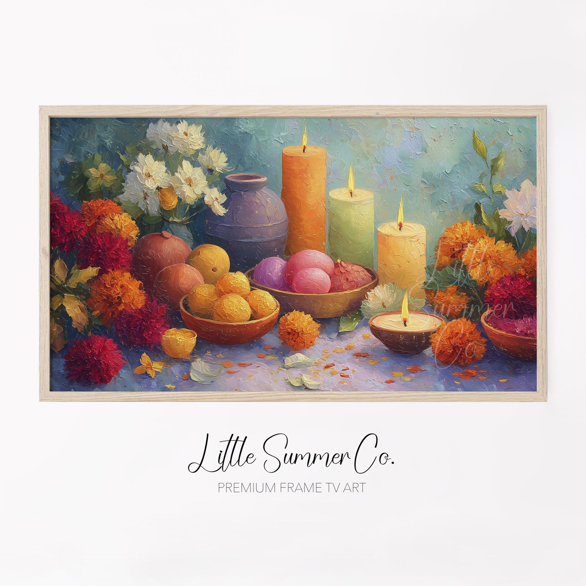 Diwali Candles and Marigolds Frame TV Art displayed on a TV