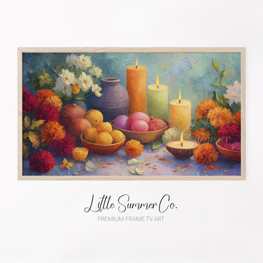 Diwali Candles and Marigolds Frame TV Art displayed on a TV