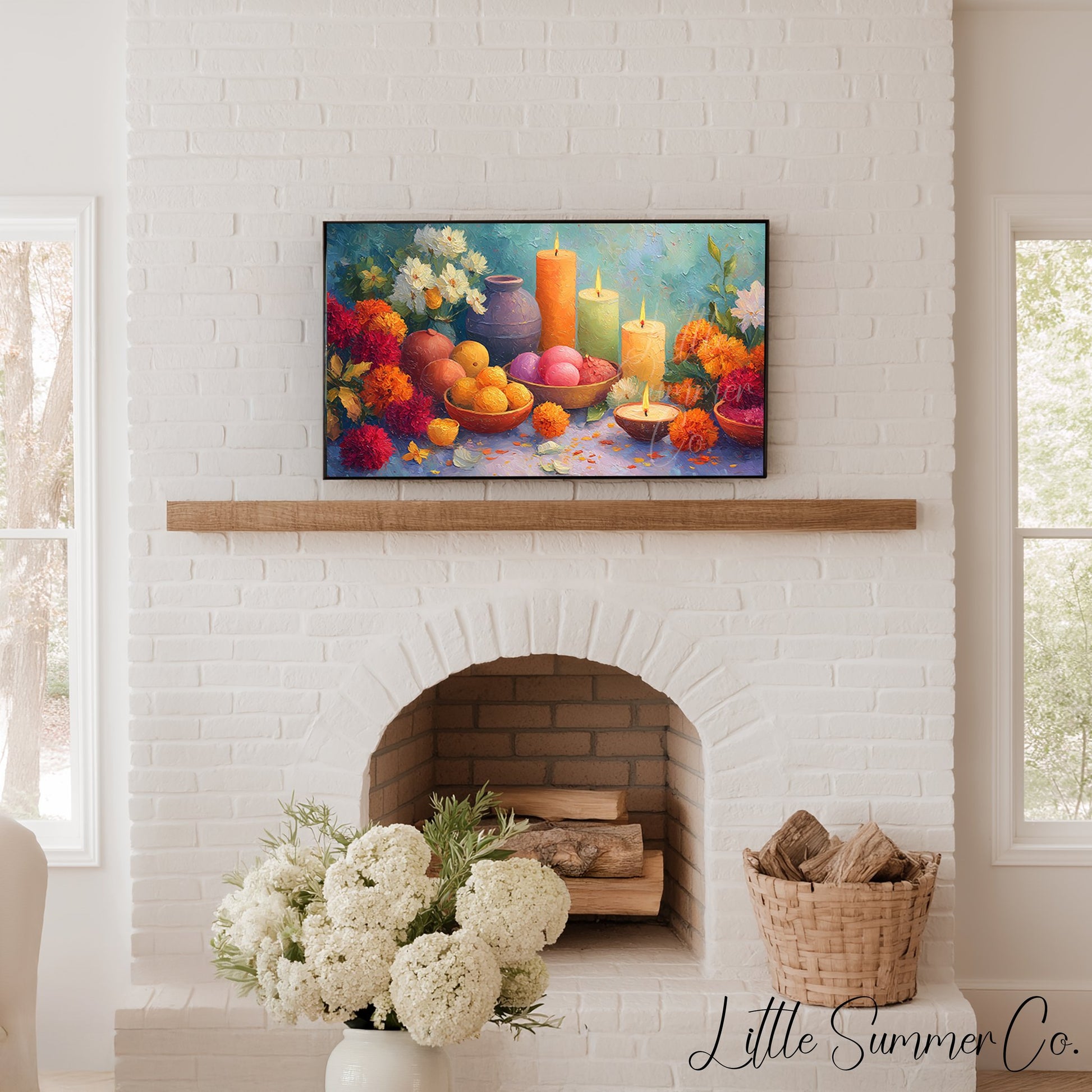 Diwali Candles and Marigolds Frame TV Art displayed on a TV