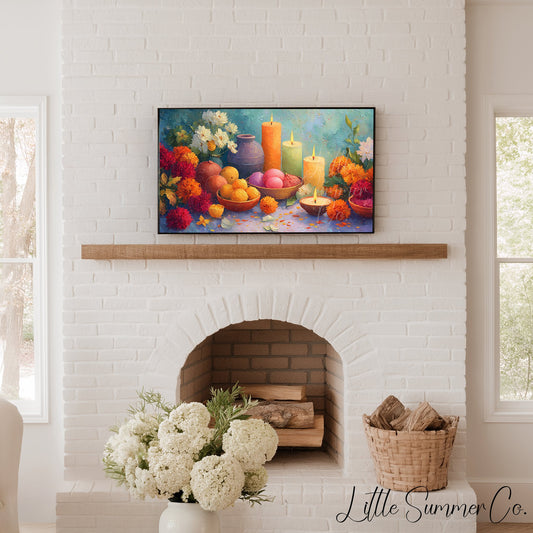 Diwali Candles and Marigolds Frame TV Art displayed on a TV