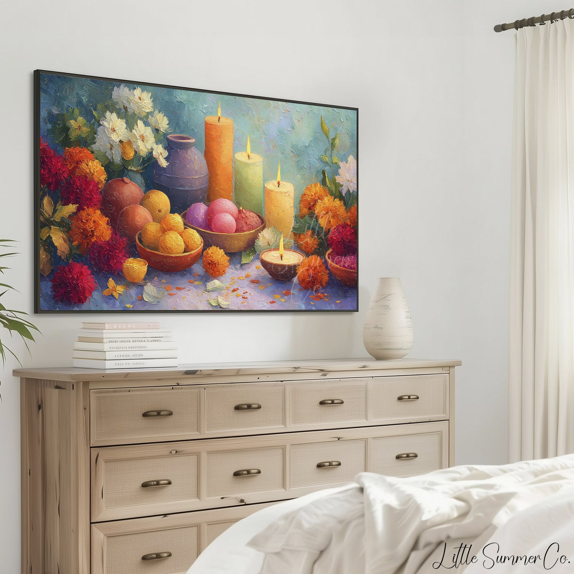 Diwali Candles and Marigolds Frame TV Art displayed on a TV