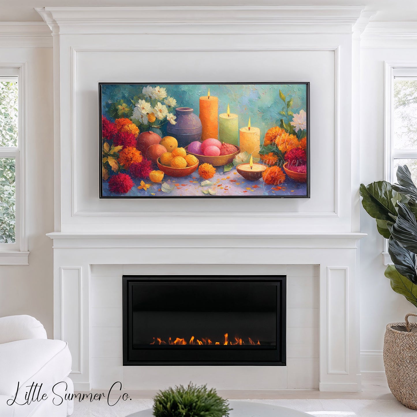 Diwali Candles and Marigolds Frame TV Art displayed on a TV