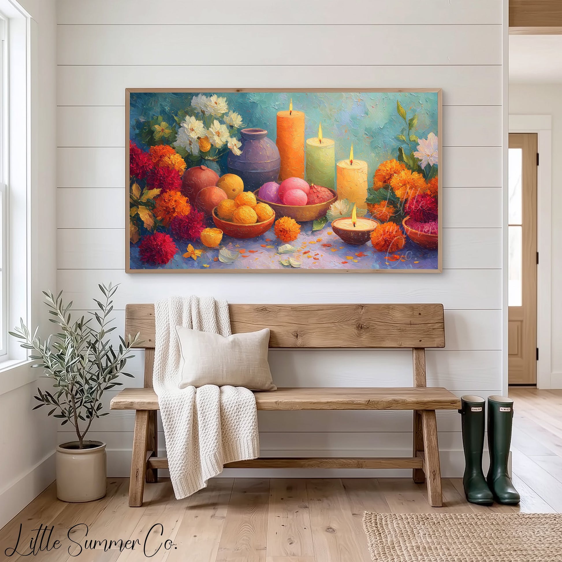 Diwali Candles and Marigolds Frame TV Art displayed on a TV