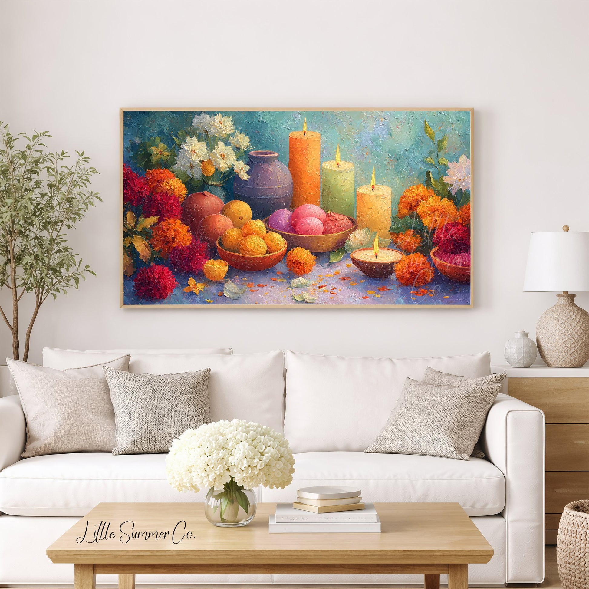 Diwali Candles and Marigolds Frame TV Art displayed on a TV