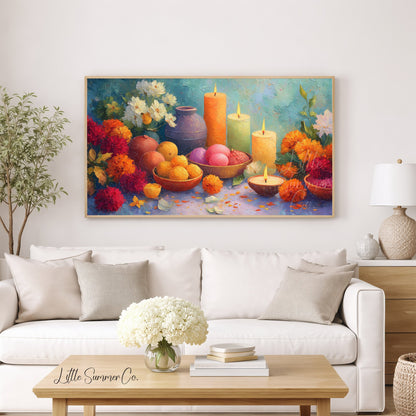 Diwali Candles and Marigolds Frame TV Art displayed on a TV