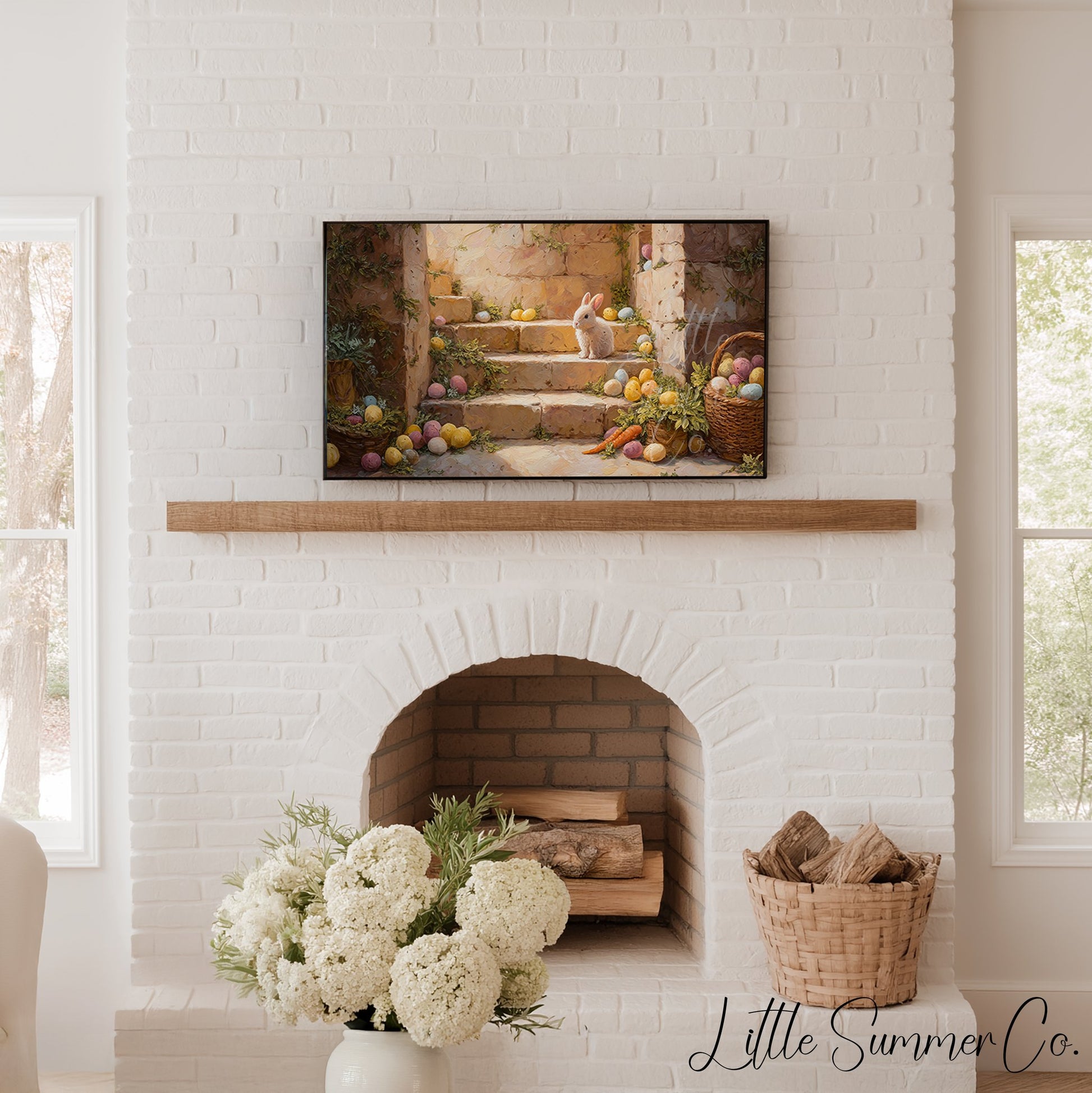 Bunny On Stone Steps Frame TV Art displayed on a TV