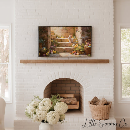 Bunny On Stone Steps Frame TV Art displayed on a TV