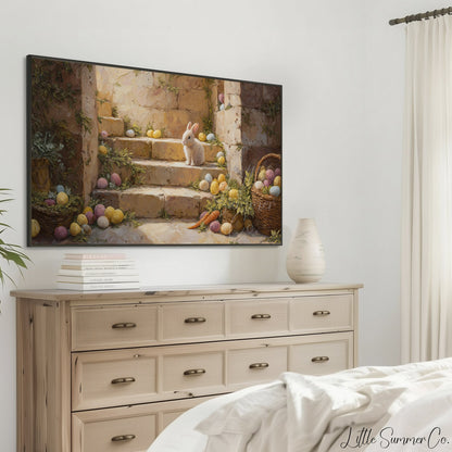 Bunny On Stone Steps Frame TV Art displayed on a TV