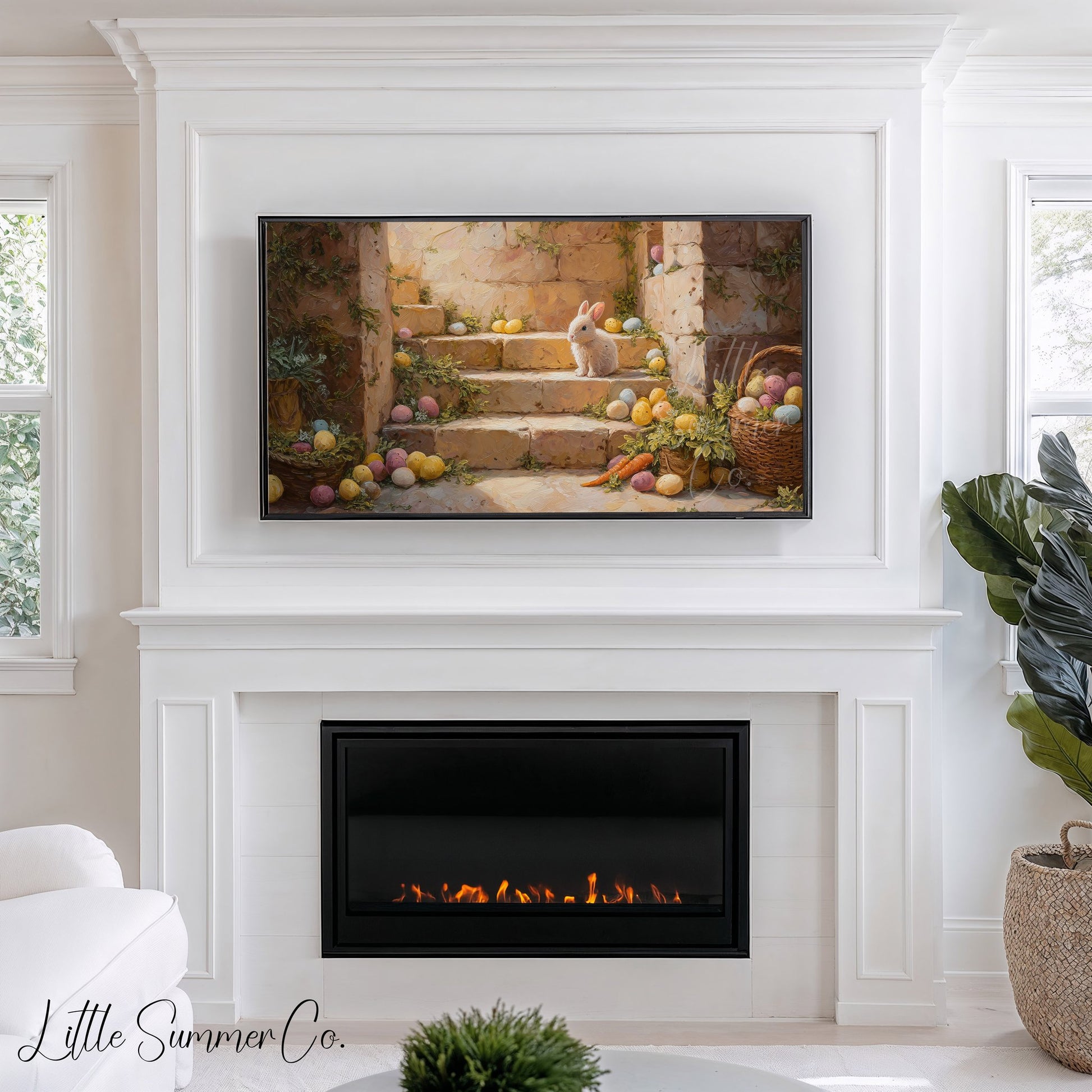 Bunny On Stone Steps Frame TV Art displayed on a TV