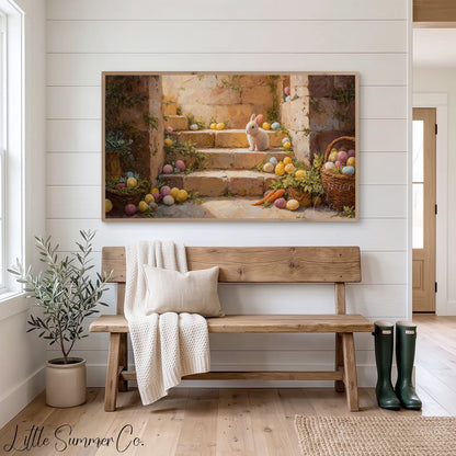 Bunny On Stone Steps Frame TV Art displayed on a TV