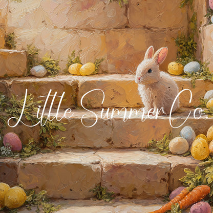 Bunny On Stone Steps Frame TV Art displayed on a TV
