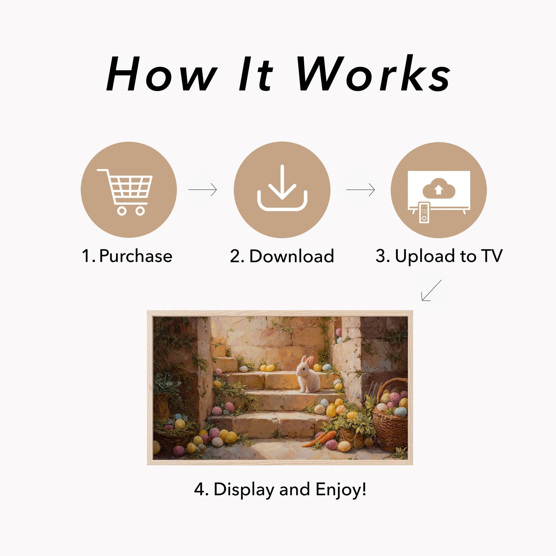 Bunny On Stone Steps Frame TV Art displayed on a TV