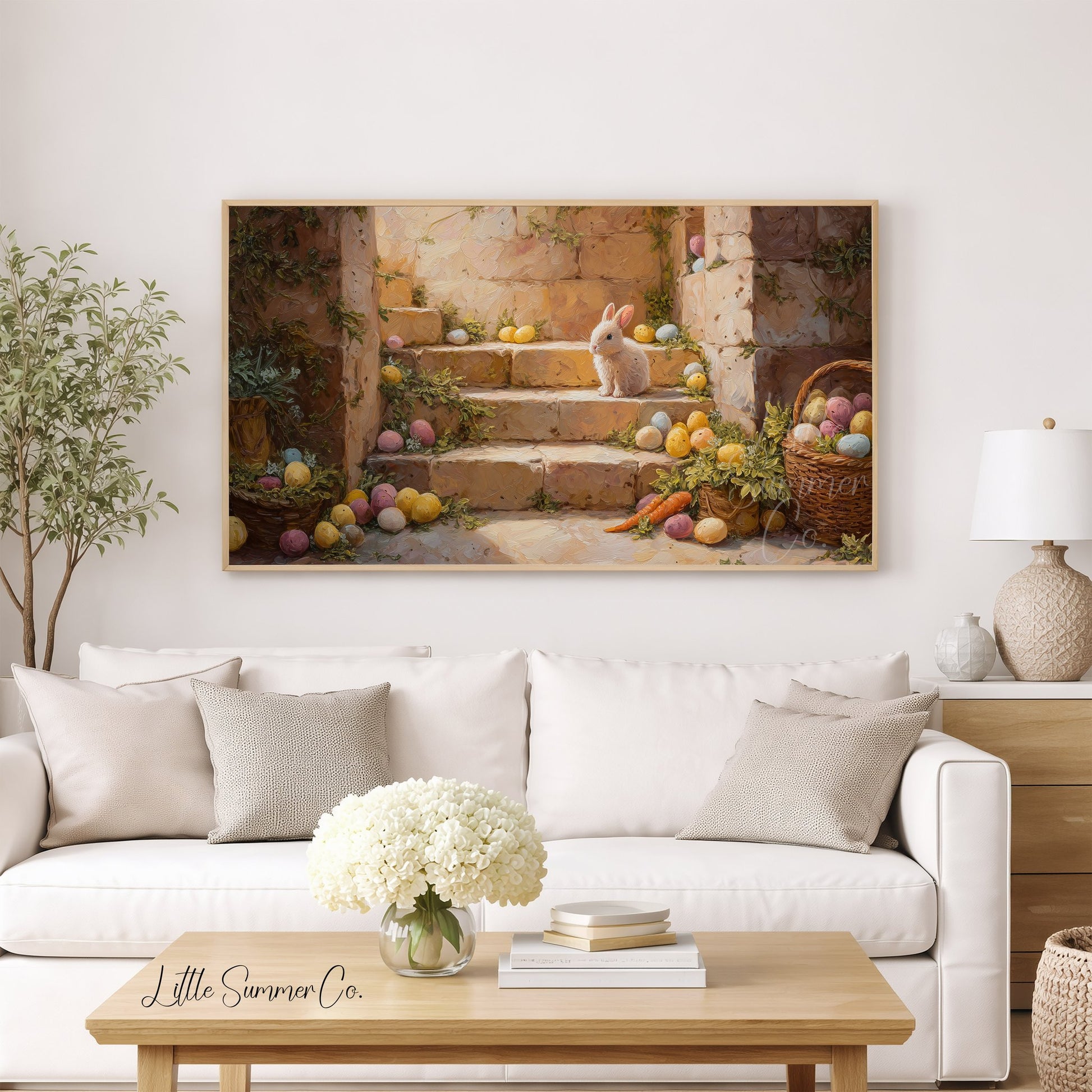 Bunny On Stone Steps Frame TV Art displayed on a TV