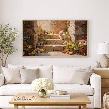 Bunny On Stone Steps Frame TV Art displayed on a TV