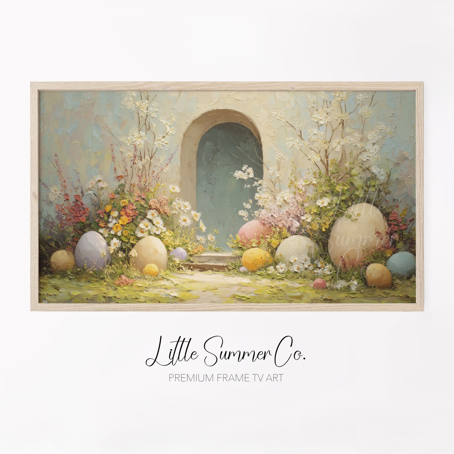 Easter Eggs Teal Garden Arch Frame TV Art displayed on a TV