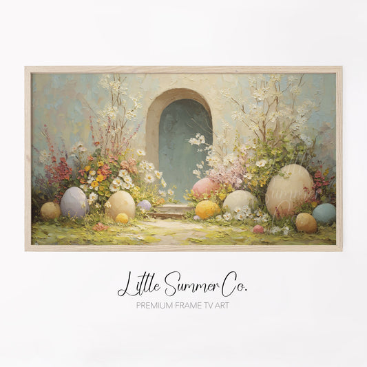 Easter Eggs Teal Garden Arch Frame TV Art displayed on a TV