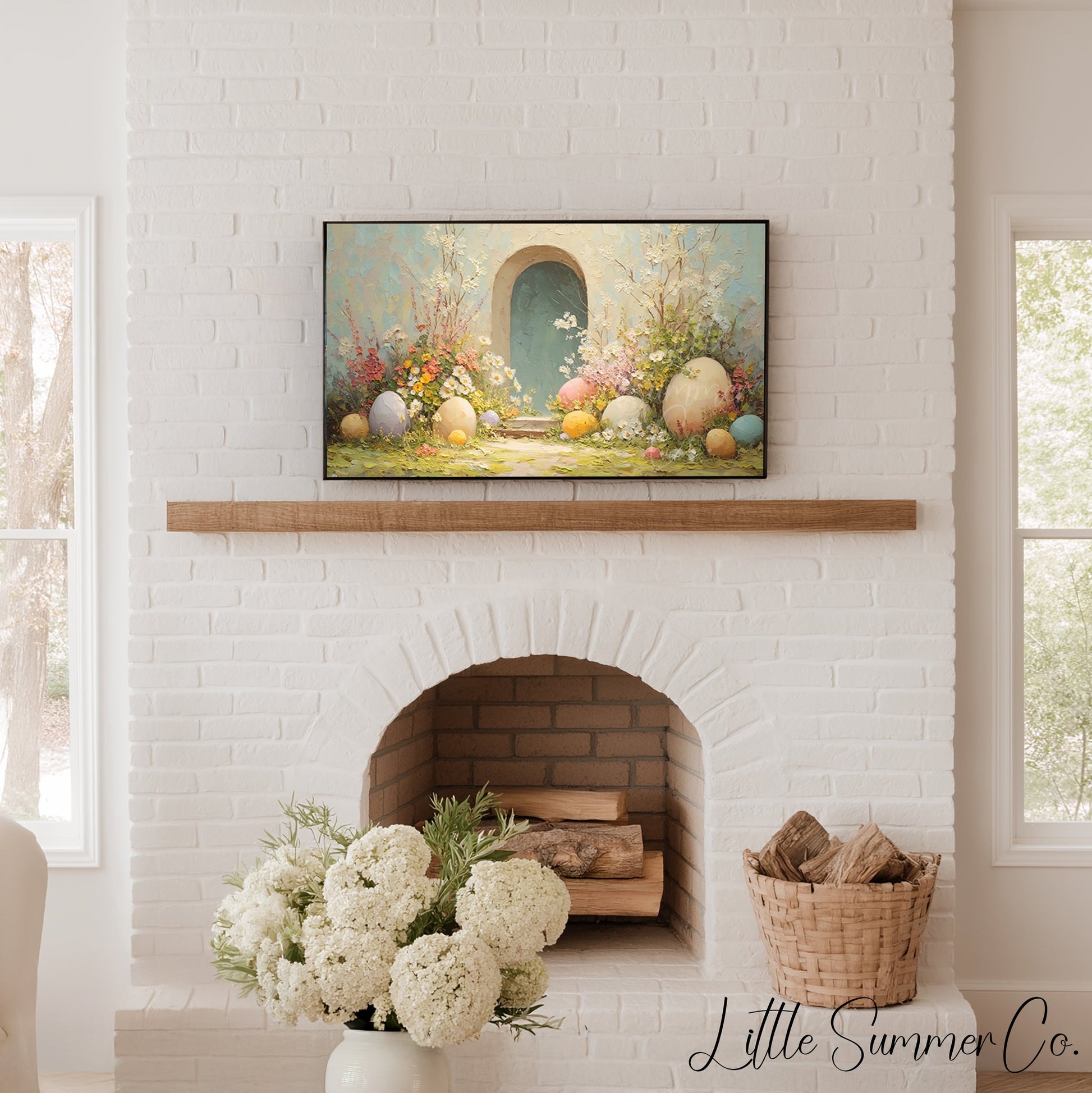 Easter Eggs Teal Garden Arch Frame TV Art displayed on a TV