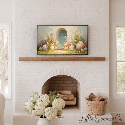 Easter Eggs Teal Garden Arch Frame TV Art displayed on a TV
