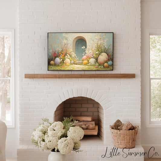 Easter Eggs Teal Garden Arch Frame TV Art displayed on a TV