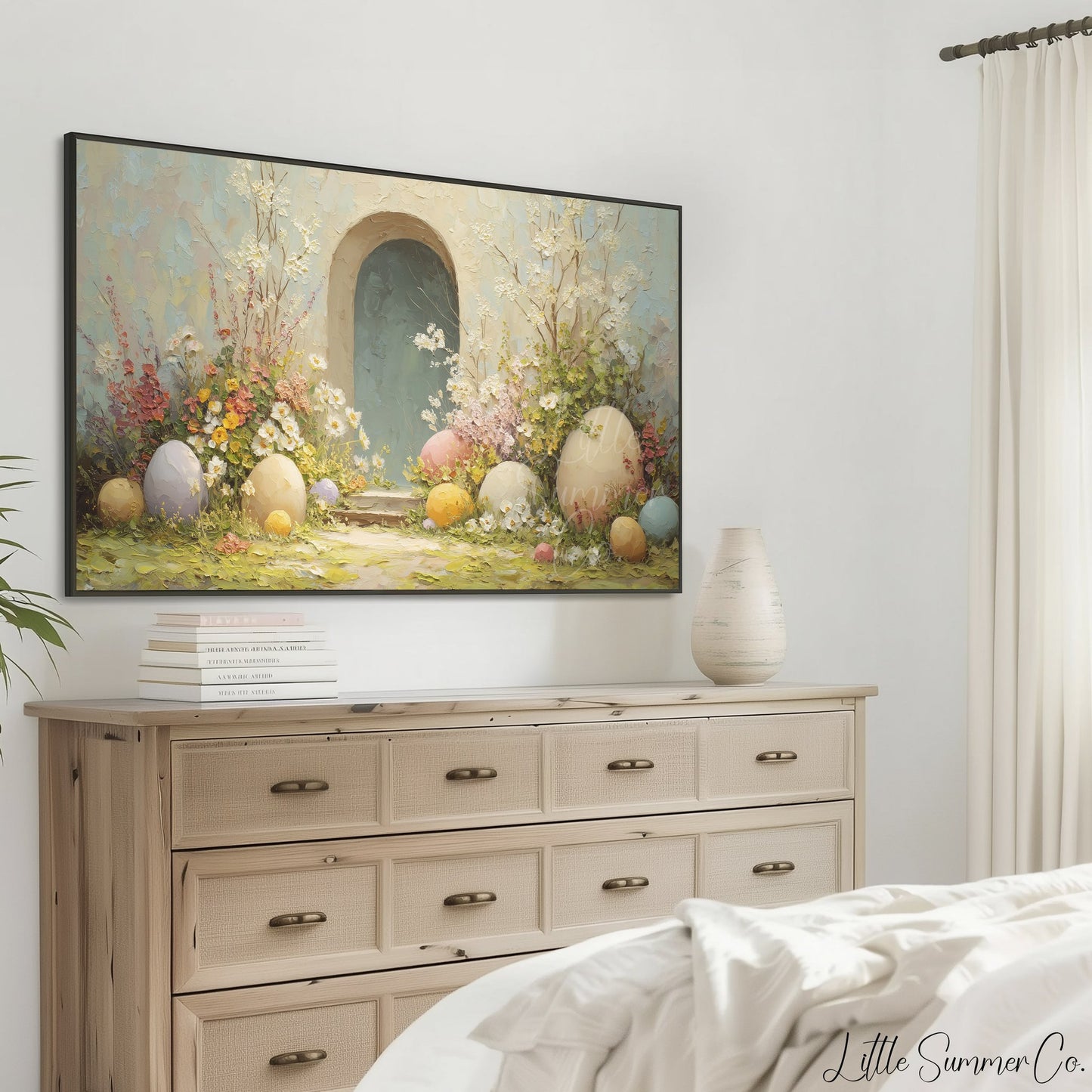 Easter Eggs Teal Garden Arch Frame TV Art displayed on a TV