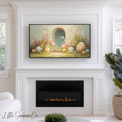 Easter Eggs Teal Garden Arch Frame TV Art displayed on a TV