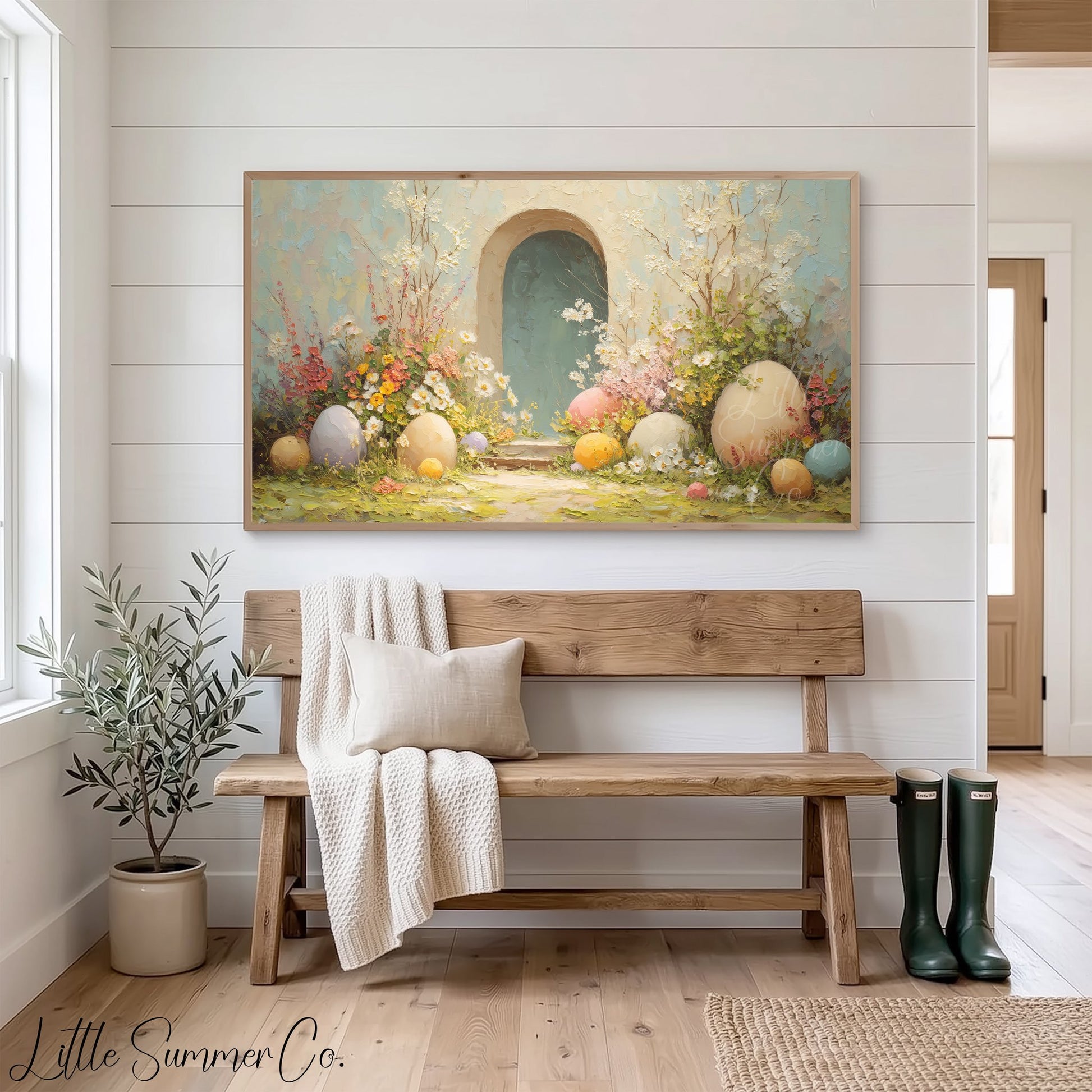 Easter Eggs Teal Garden Arch Frame TV Art displayed on a TV