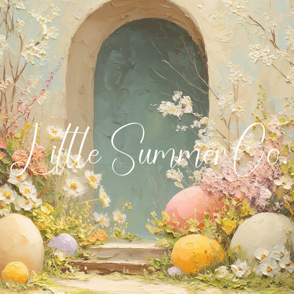 Easter Eggs Teal Garden Arch Frame TV Art displayed on a TV