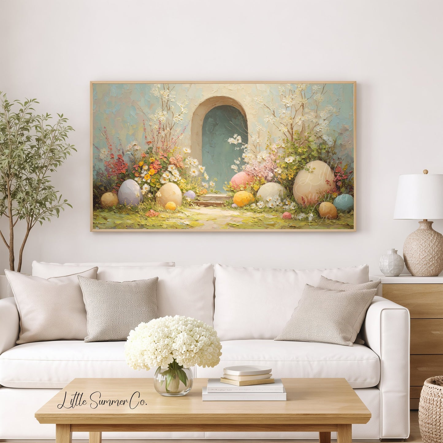 Easter Eggs Teal Garden Arch Frame TV Art displayed on a TV