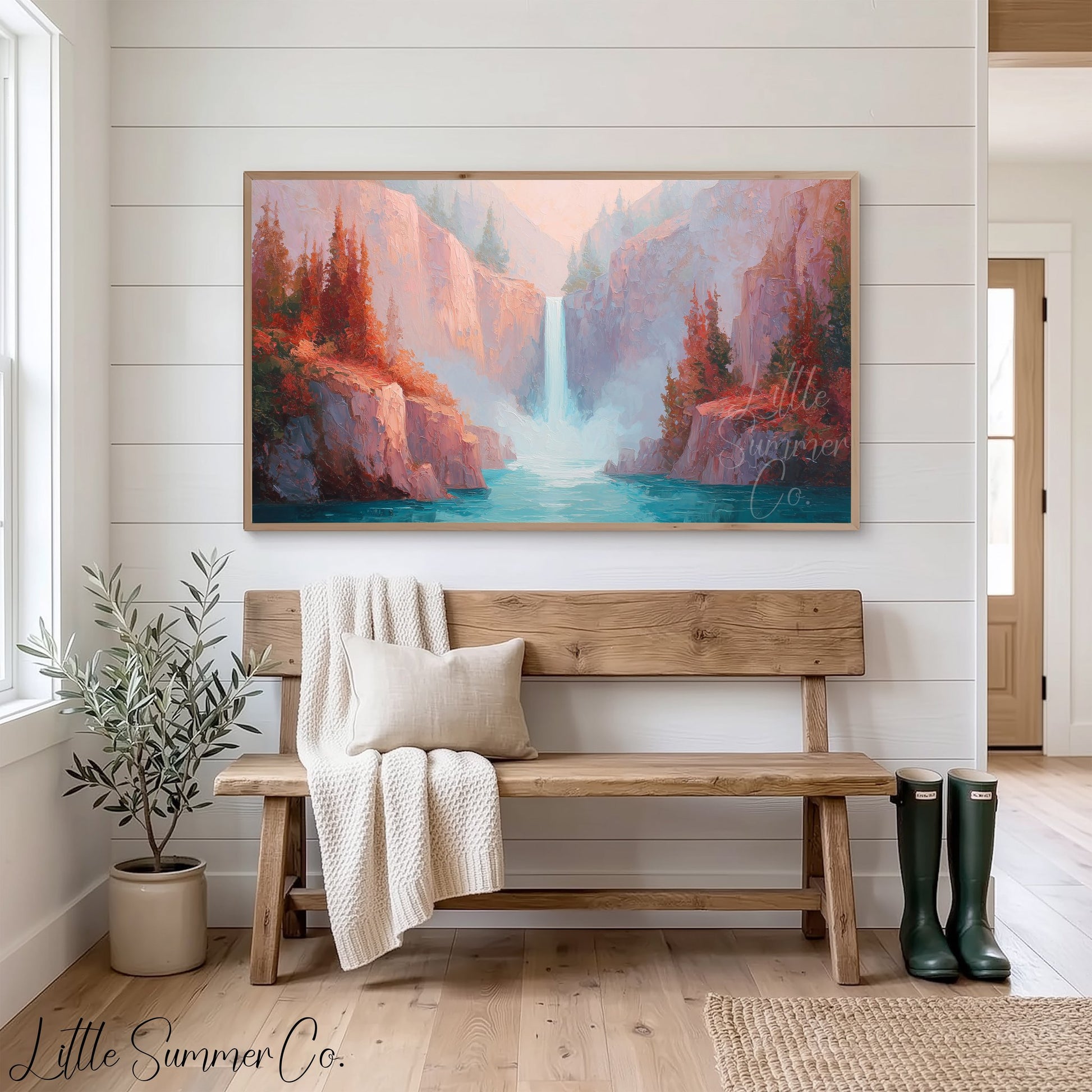 Canyon Waterfall Rock Gorge Frame TV Art displayed on a TV