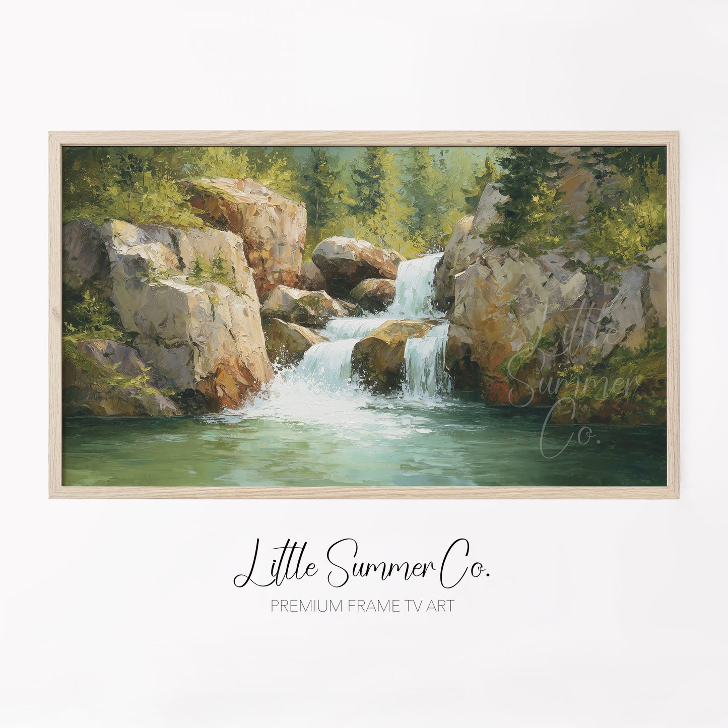 Rocky Forest Waterfall Frame TV Art displayed on a TV
