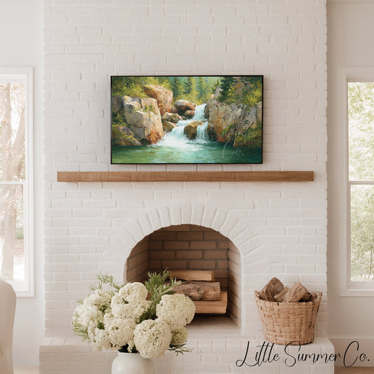 Rocky Forest Waterfall Frame TV Art displayed on a TV