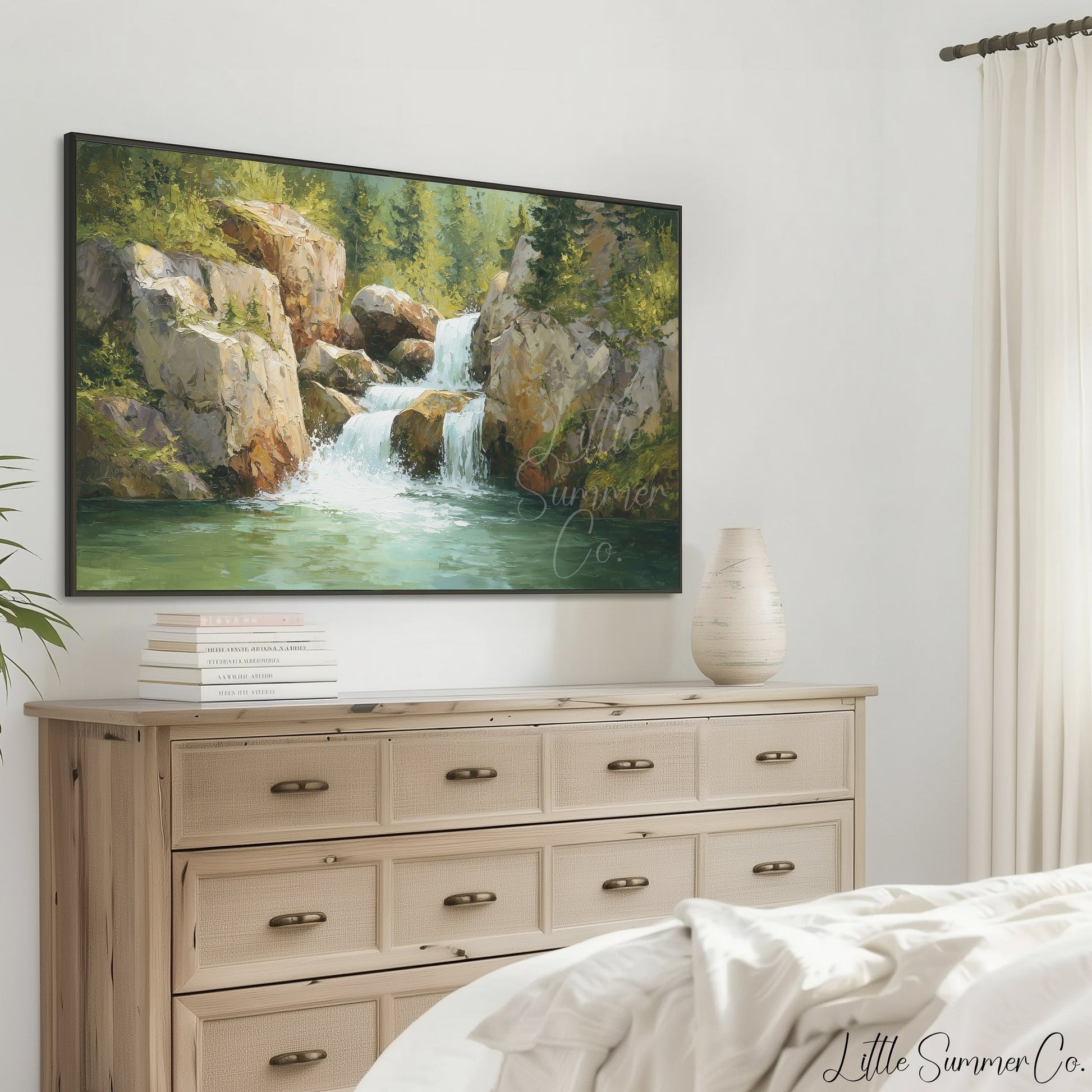 Rocky Forest Waterfall Frame TV Art displayed on a TV