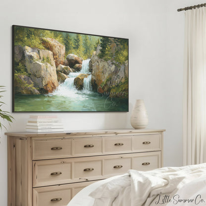 Rocky Forest Waterfall Frame TV Art displayed on a TV