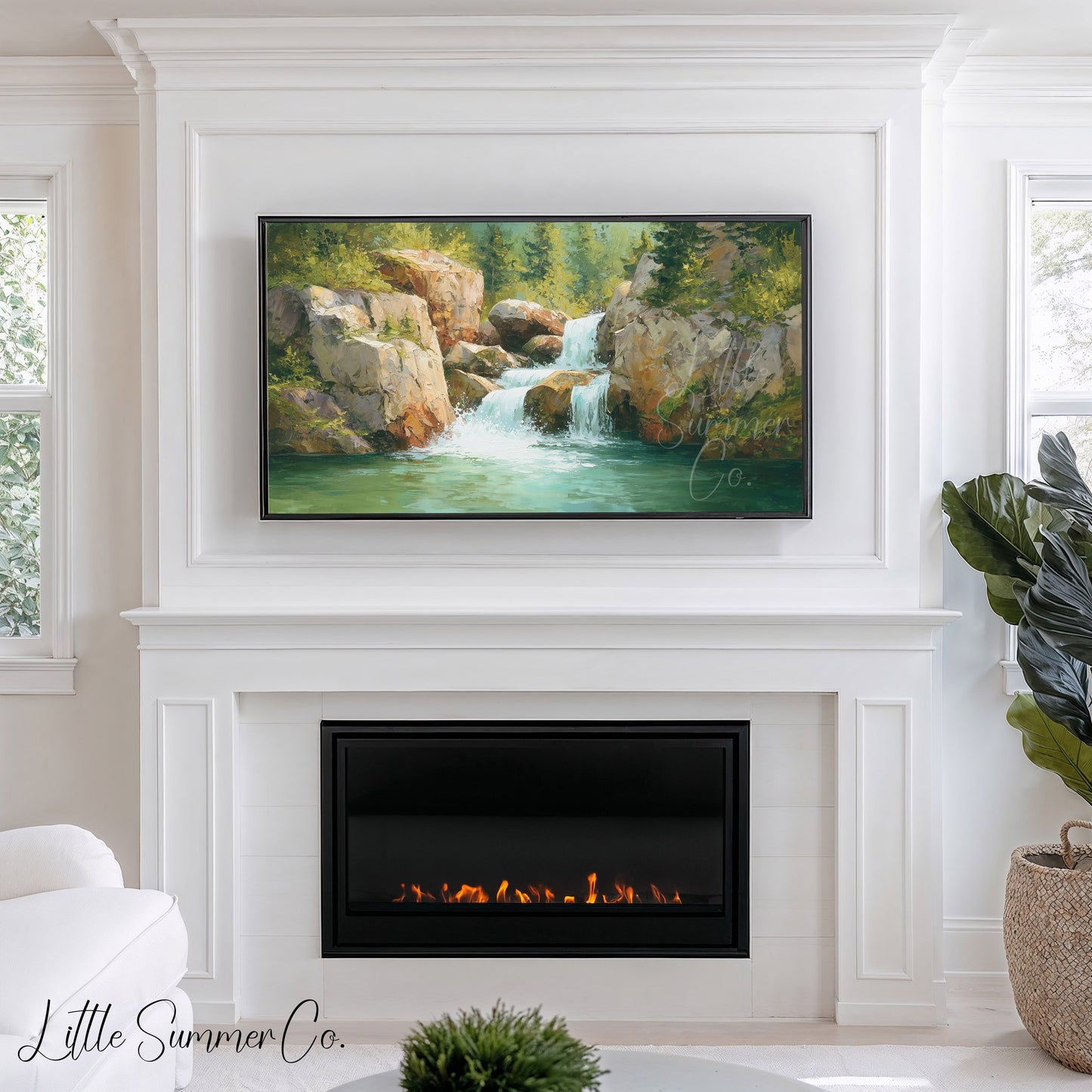 Rocky Forest Waterfall Frame TV Art displayed on a TV